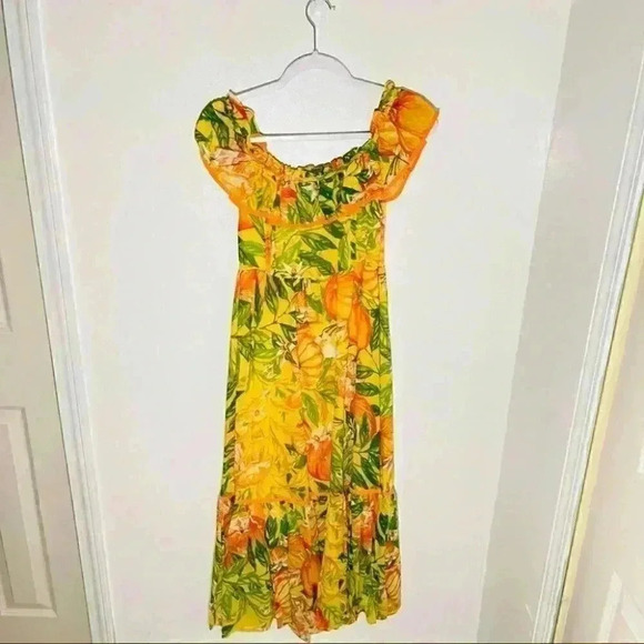 NWT FARM Rio Tangerines Off Shoulder Midi Dress - Picture 2 of 12